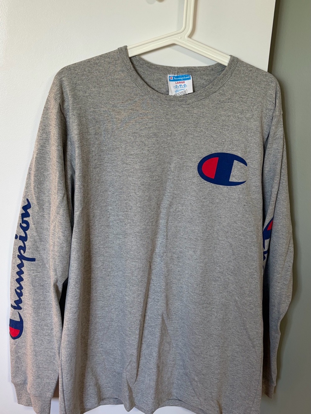 Champion Gray Tee with Blue and Red Logo Tag